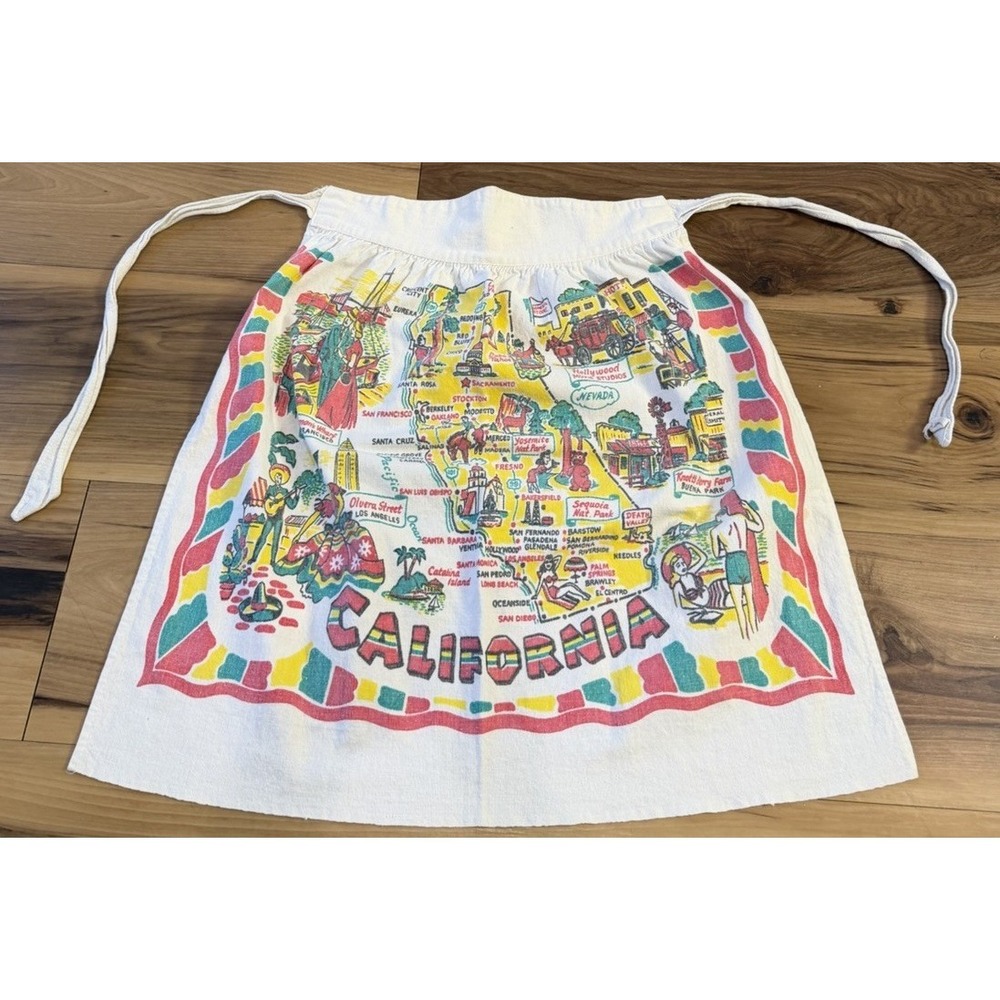 Vtg California Souvenir Apron Skirt Map Print Novelty Travel Linen Blend Kitschy